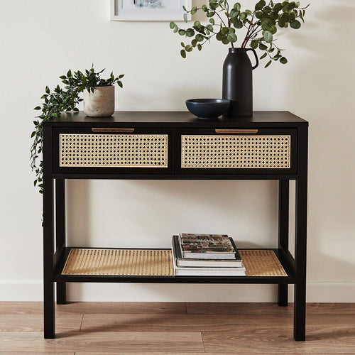Charlie Console Table Cane Drawers Black