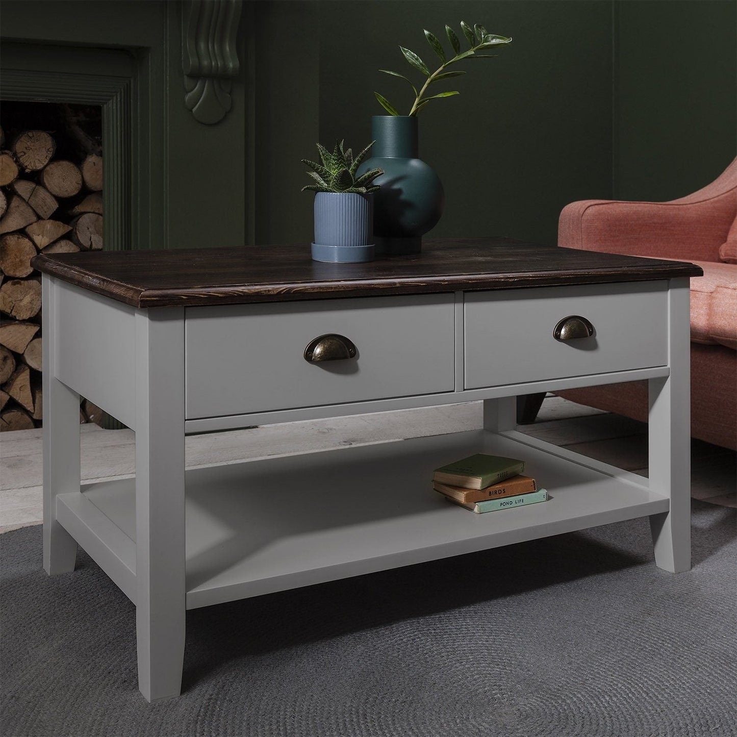 Grey Wooden Coffee Table with 4 Storage Drawers - Laura James