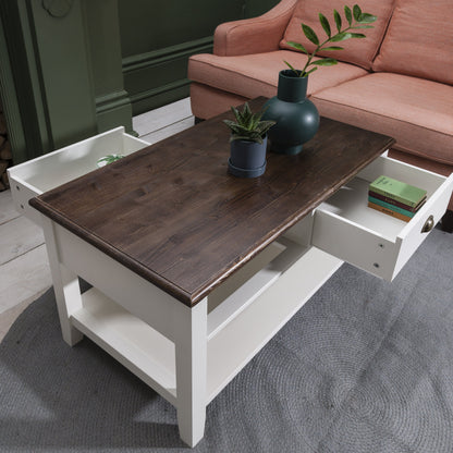 White Wooden Coffee Table with 4 Storage Drawers - Laura James