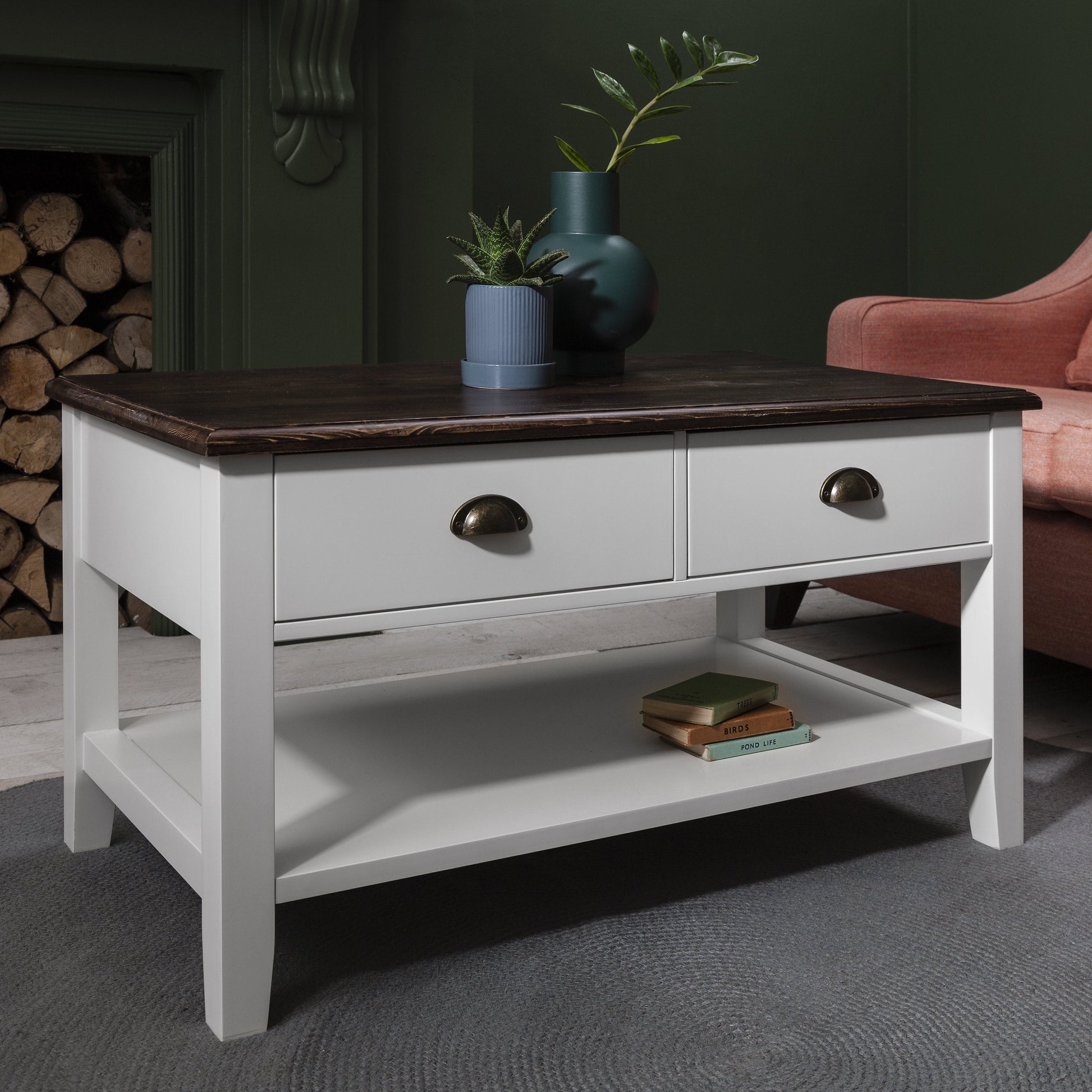 White Wooden Coffee Table with 4 Storage Drawers - Laura James