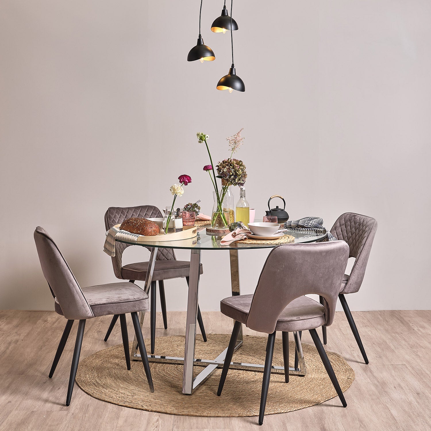 Clara glass round dining table - with chrome frame