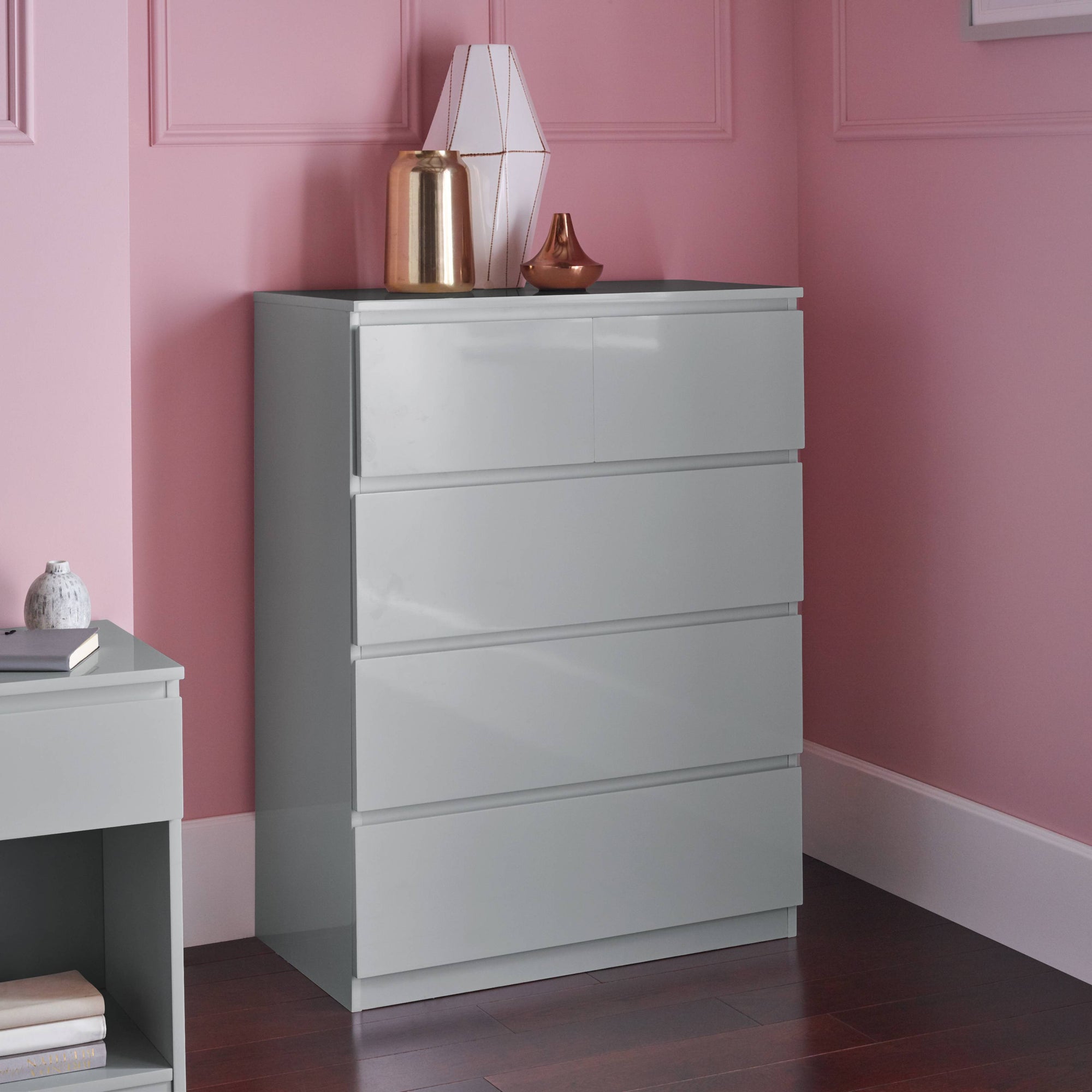 Clemmie high gloss 2 over 3 chest of drawers - grey - Laura James