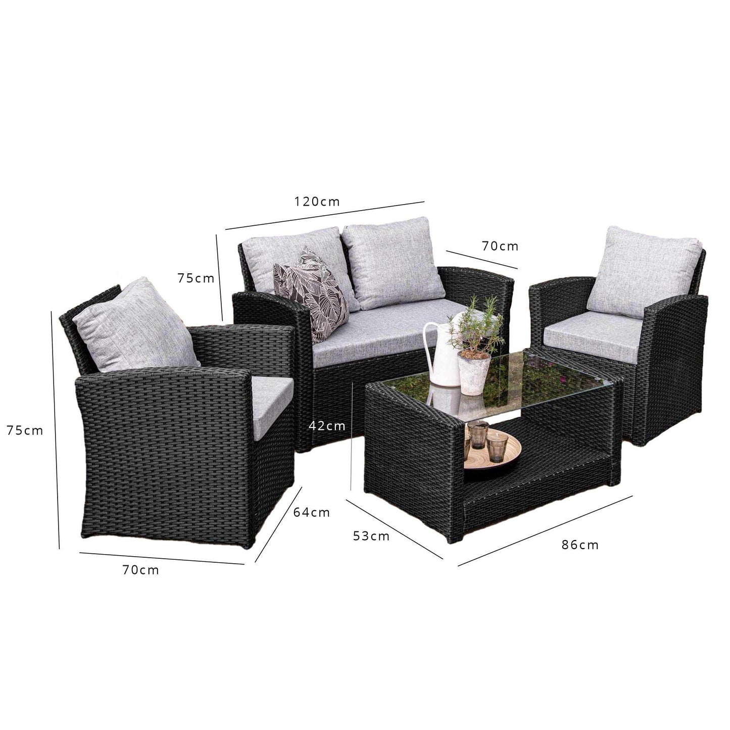 Cote garden sofa set - LED cantilever parasol - 4 seater - black rattan