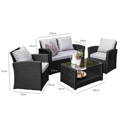 Cote 4 Seater Rattan Garden Sofa Set with LED Premium Cantilever Parasol - Black