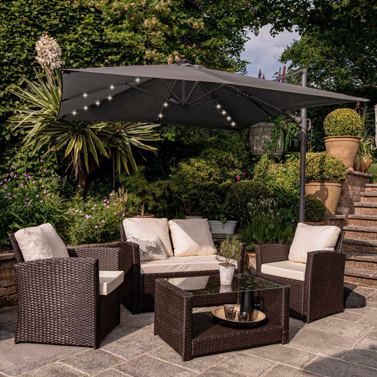 Cote Garden Sofa Set - LED Cantilever Parasol - 4 Seater - Brown Rattan