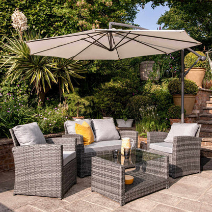 4 Seater Rattan Garden Sofa Set with Lean Over Parasol and Base - Grey Weave - Laura James