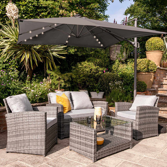 Cote garden sofa set - LED cantilever parasol - 4 seater - grey rattan