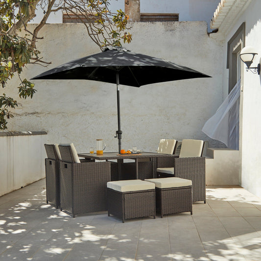 8 Seater Rattan Cube Outdoor Dining Set with Premium LED Grey Parasol - Brown Weave Polywood Top