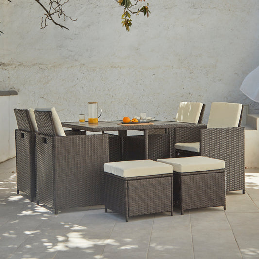 8 Seater Rattan Cube Outdoor Dining Set - Brown Weave Polywood Top