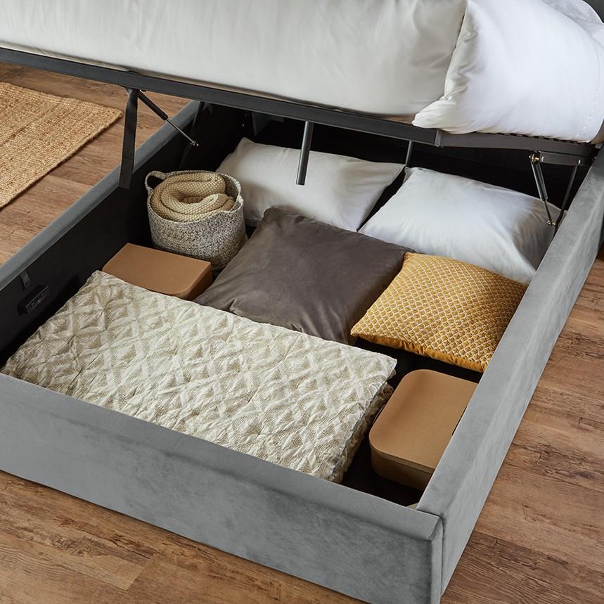 Grey velvet ottoman storage bed and mattress set - Laura James