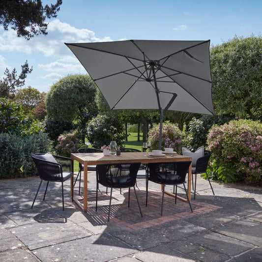 Lennox Table With 6 Hali Black Dining Chairs and Grey Premium LED Parasol