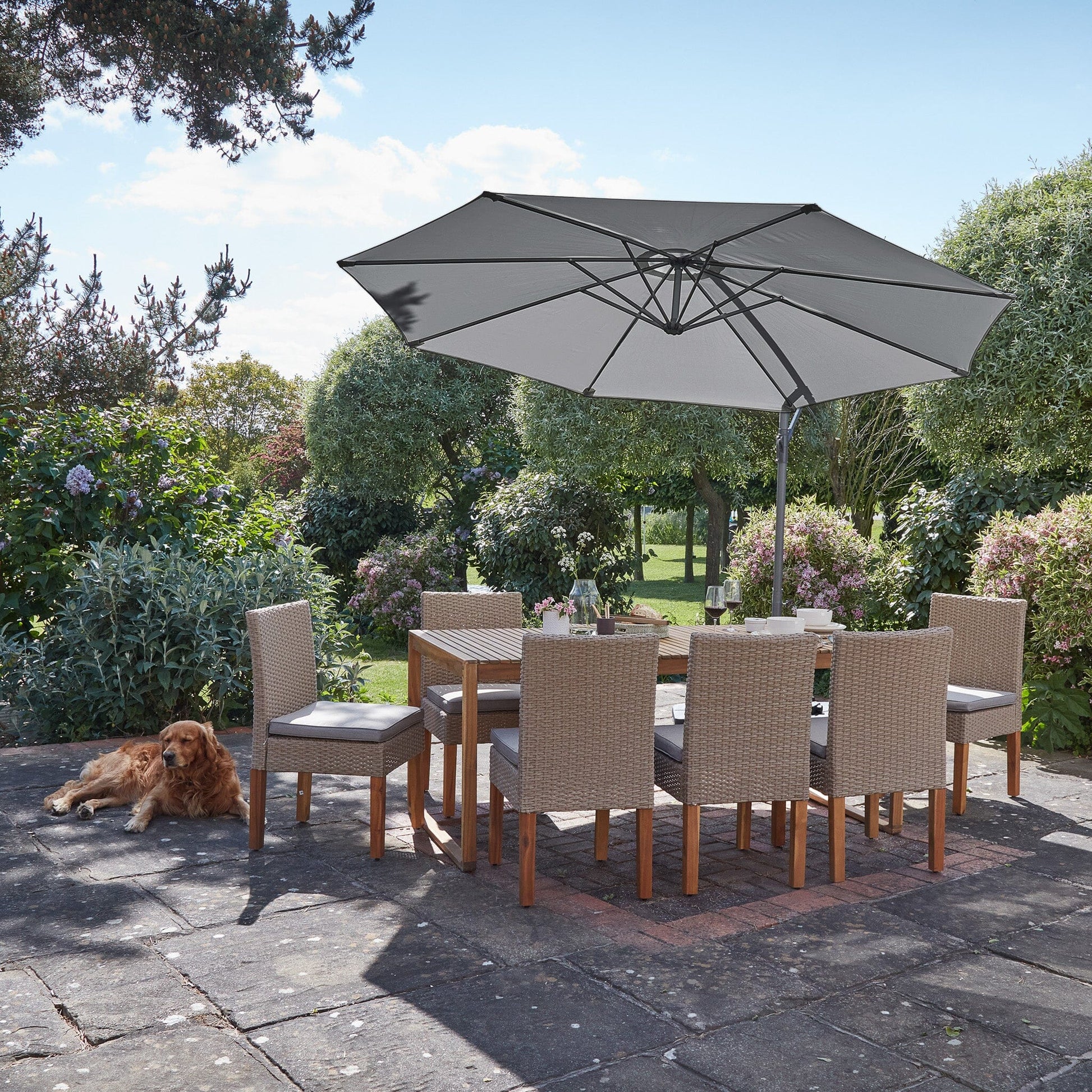 Lennox Table With 8 Oliver Dining Chairs with Grey Lean Over Parasol