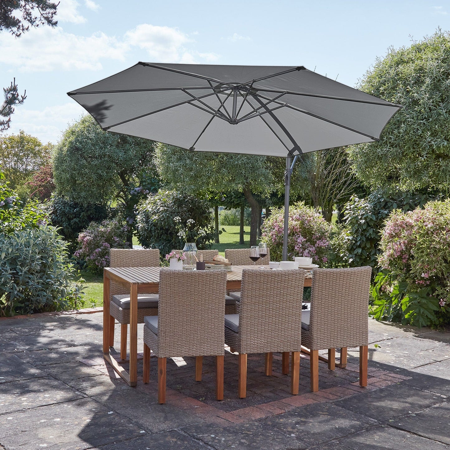 Lennox Table With 6 Oliver Dining Chairs with Grey Lean Over Parasol