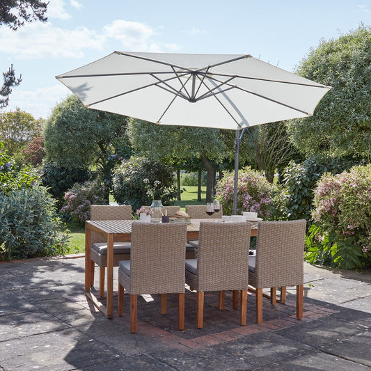 Lennox Table With 6 Oliver Dining Chairs with Cream Lean Over Parasol