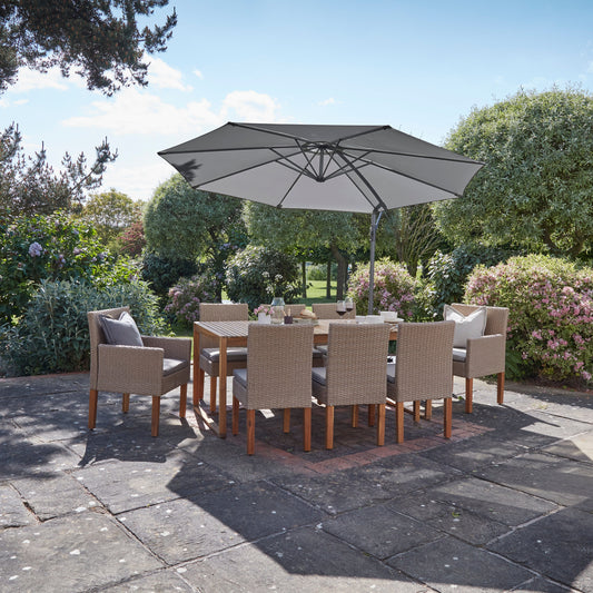Lennox Table With 6 Oliver Dining Chairs and 2 Armchairs with Grey Lean Over Parasol