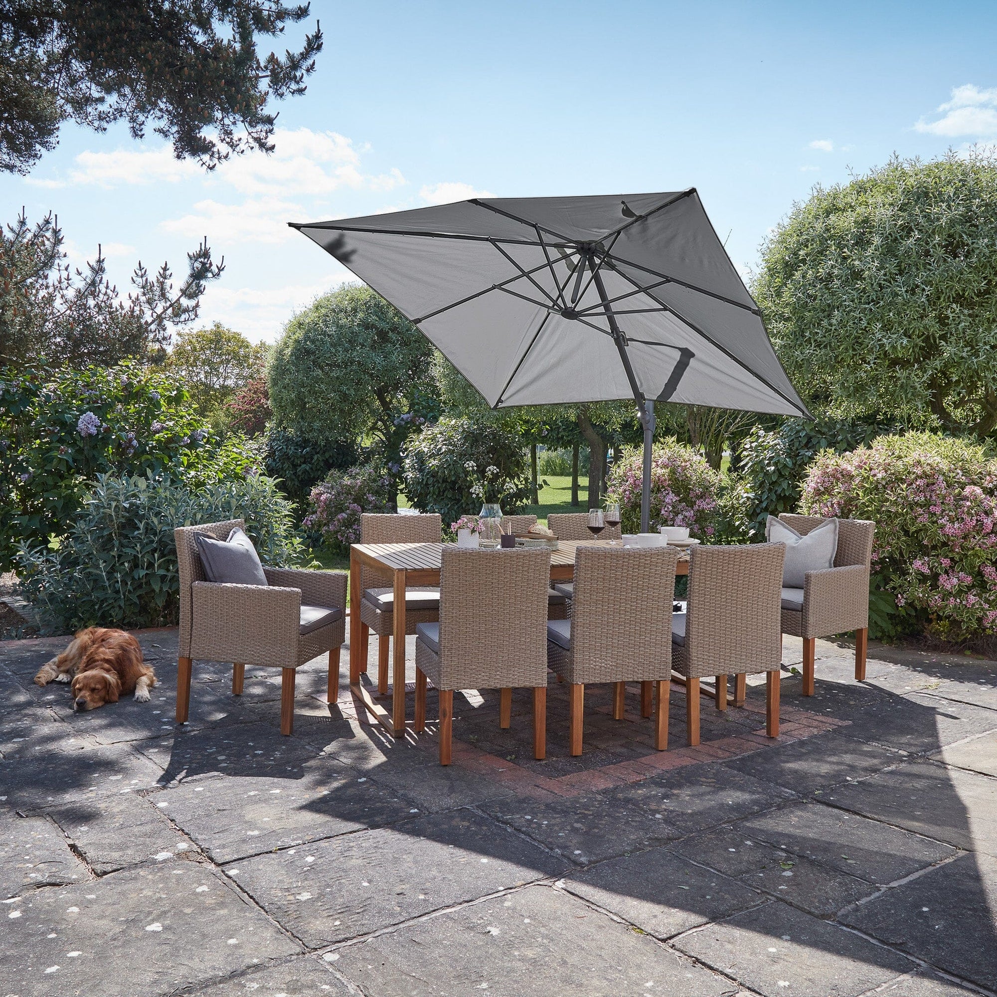 Lennox Table With 6 Oliver Dining Chairs and 2 Armchairs with Grey Premium LED Parasol