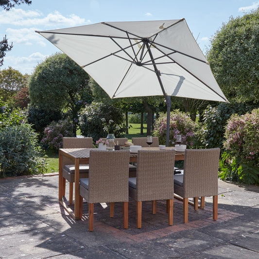 Lennox Table With 6 Oliver Dining Chairs with Cream Premium LED Parasol