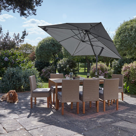 Lennox Table With 8 Oliver Dining Chairs with Grey Premium LED Parasol