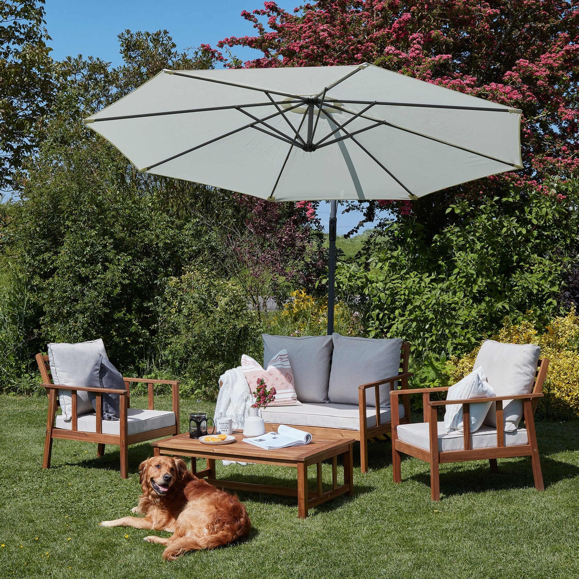 Harrelson outdoor sofa set with cream lean over parasol - solid wood and Natural