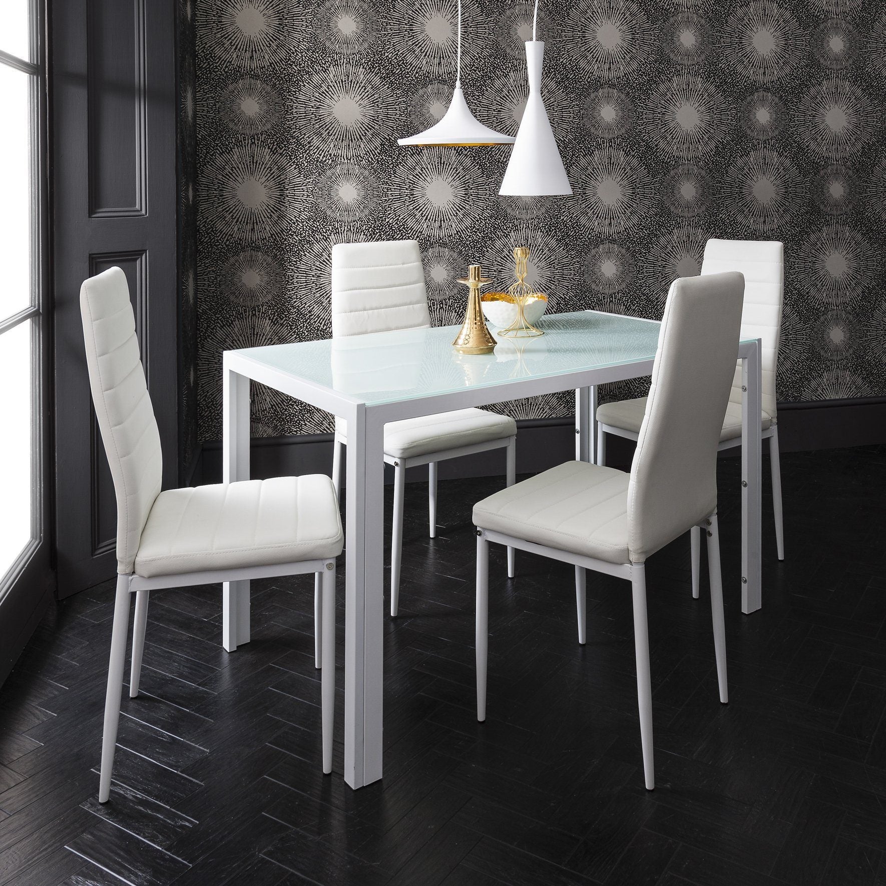 Laura James - Glass Dining Table Set and 4 Chairs Set White - Laura James