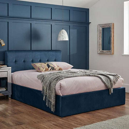 Blue velvet double storage ottoman bed frame - Laura James