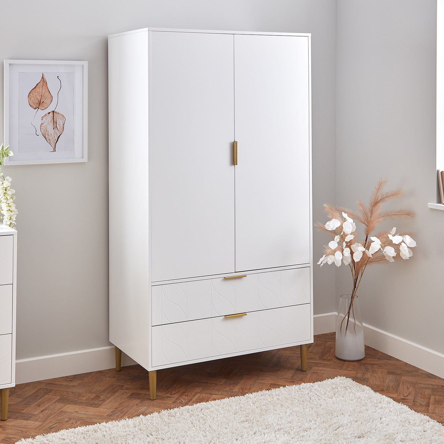 Gloria 4 piece bedroom furniture set - 4 over 4 chest of drawers -white - Laura James