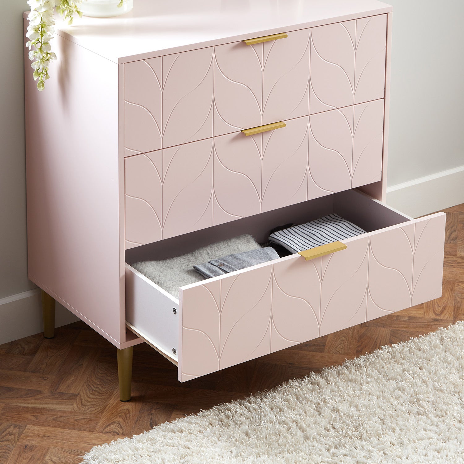 Gloria 4 piece bedroom furniture set - 3 drawer chest of drawers - pale pink - Laura James
