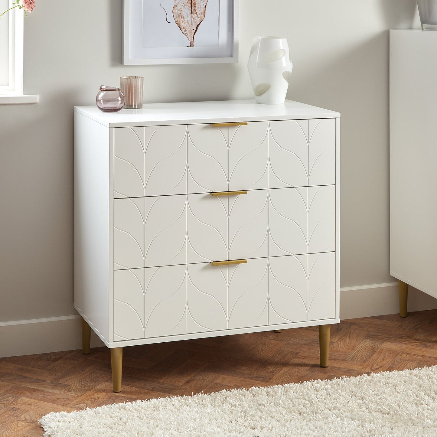 Gloria 4 piece bedroom furniture set - 3 drawer chest of drawers - white - Laura James
