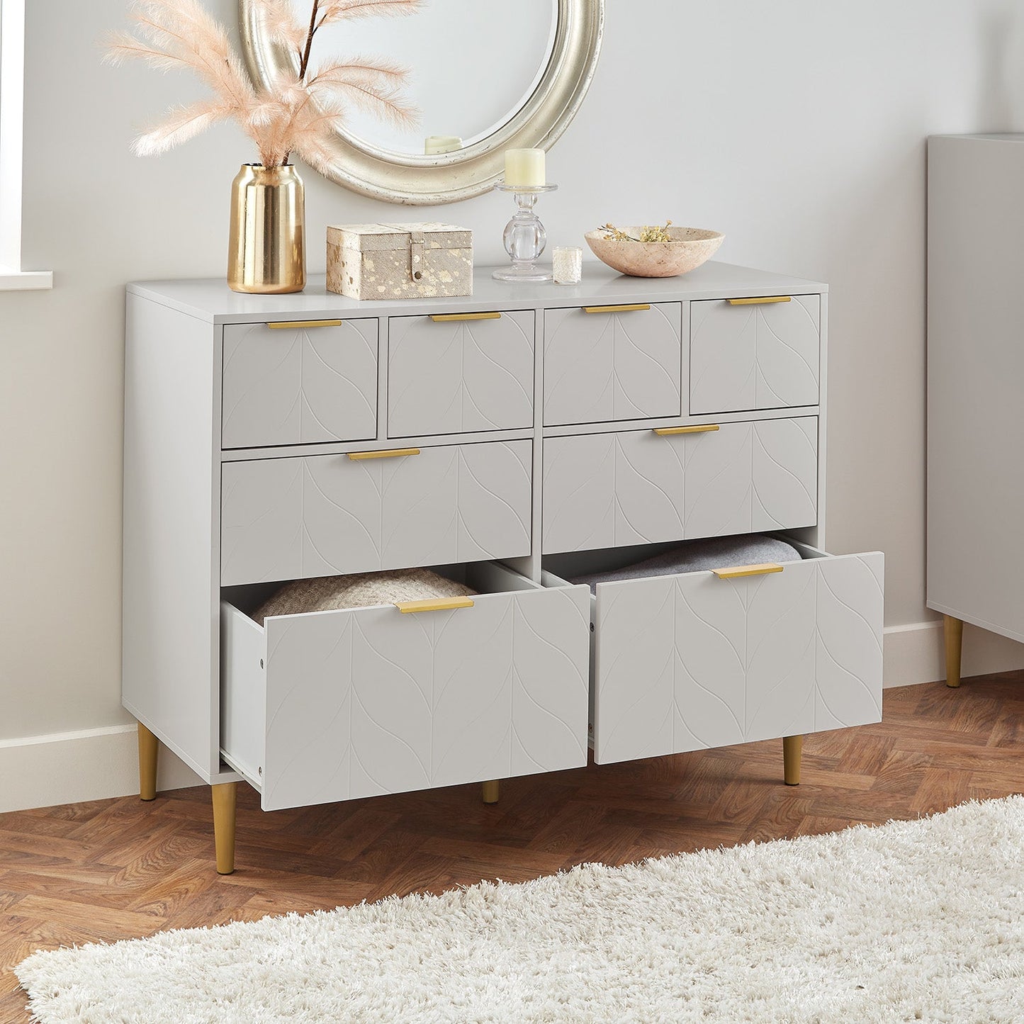 Gloria 4 piece bedroom furniture set - 4 over 4 chest of drawers - grey - Laura James