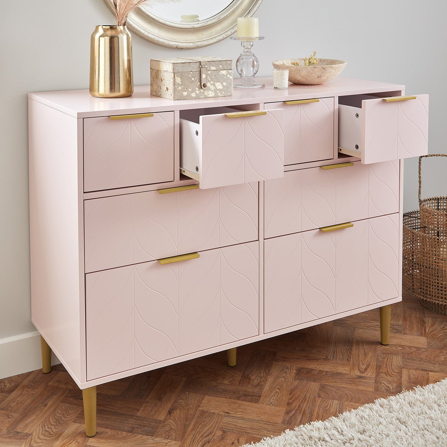 Gloria 3 piece bedroom furniture set - 4 over 4 chest of drawers - pale pink - Laura James