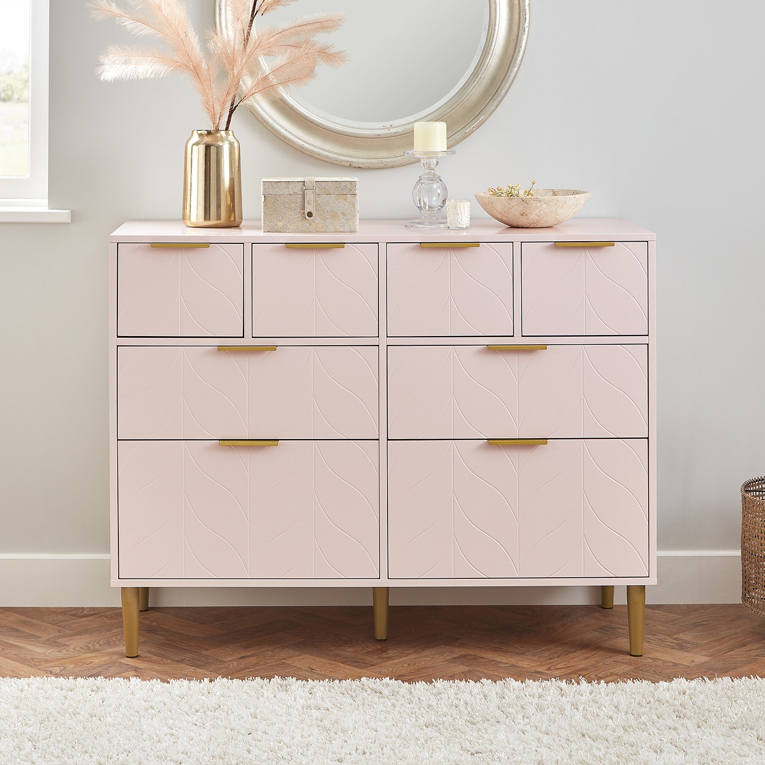 Gloria 4 piece bedroom furniture set - 4 over 4 chest of drawers - pale pink - Laura James