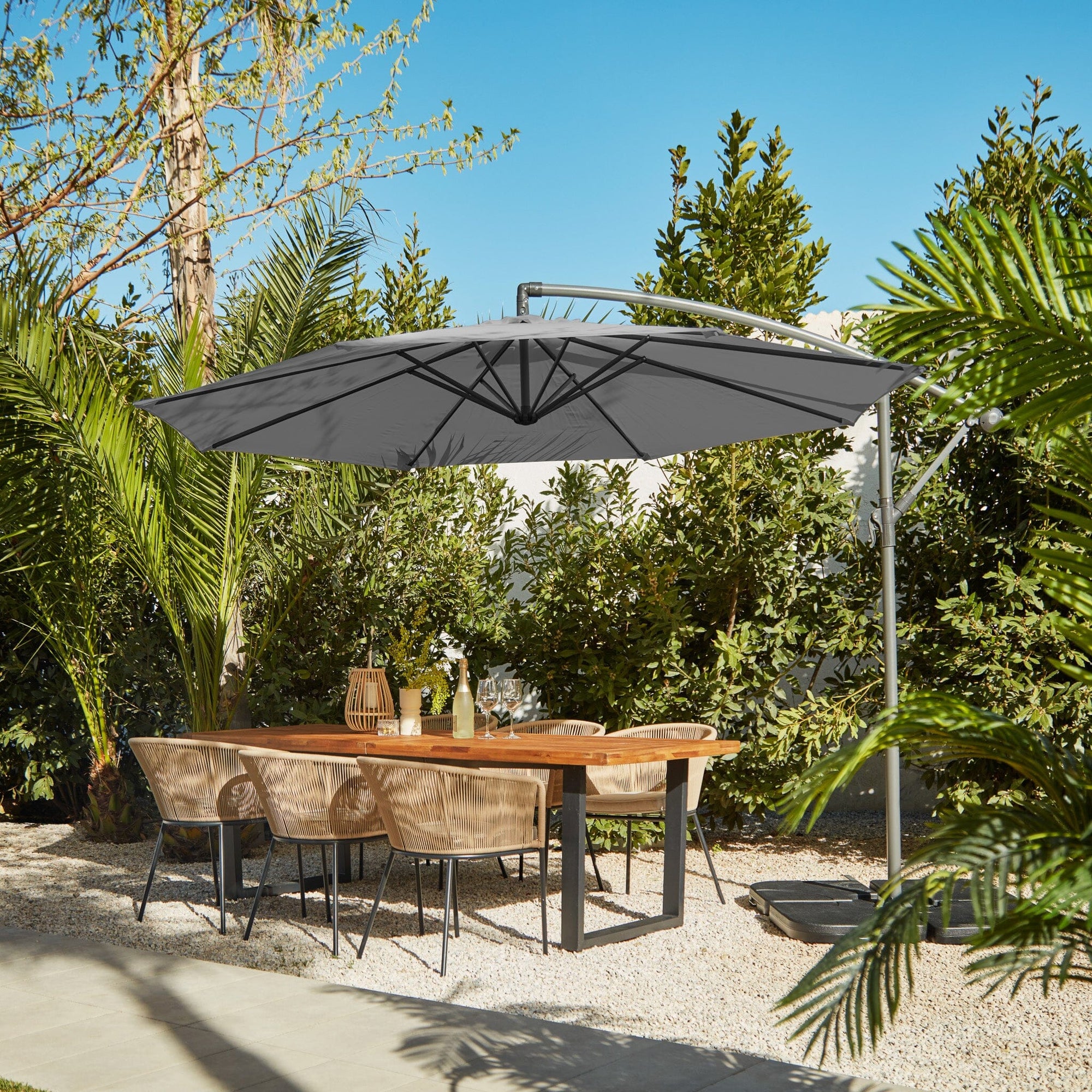 Hali Natural 6 Seater Outdoor Wooden Dining Set with Premium LED Grey Parasol - 175cm