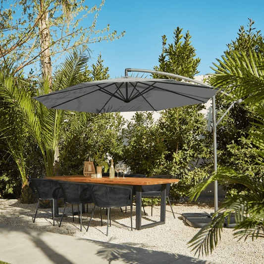 Hali Black Large Wooden Outdoor Dining Set for 6 LED Grey Parasol - Laura James
