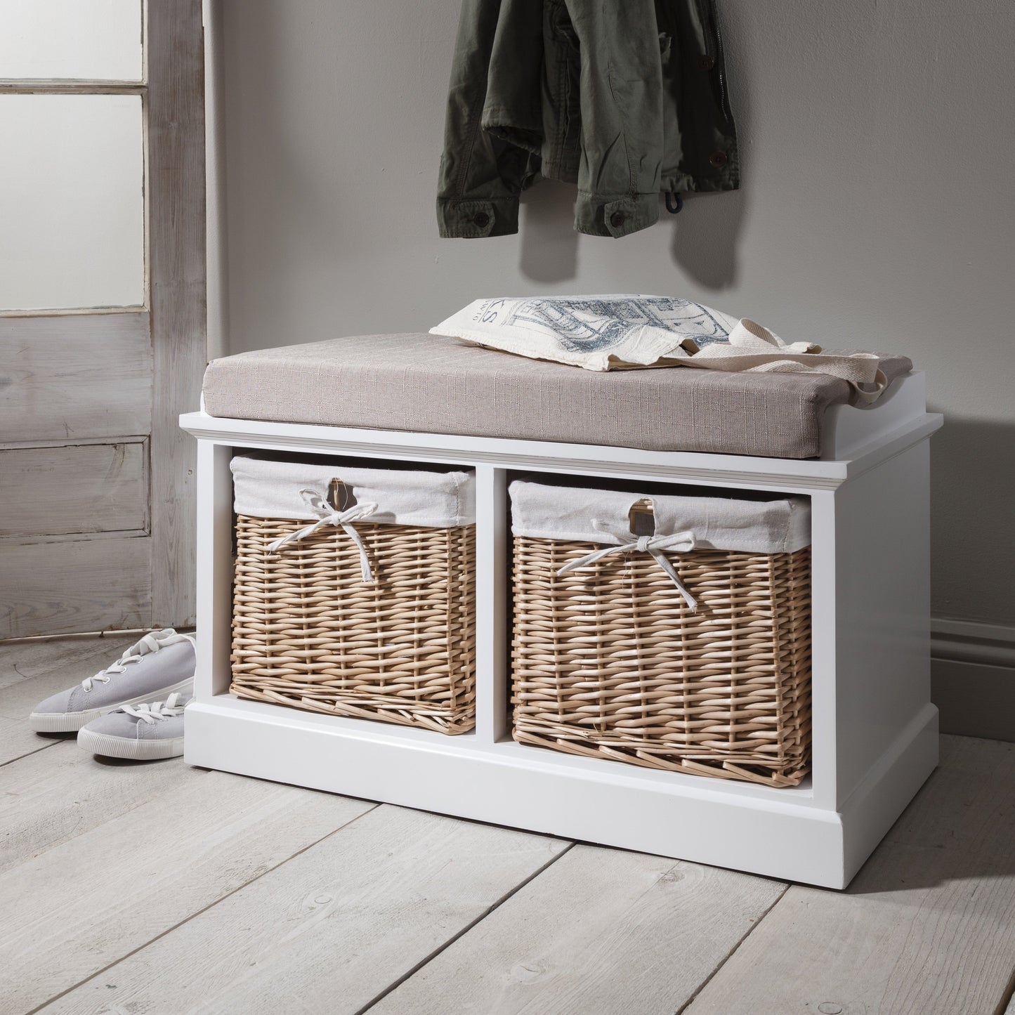 Hallway Shoe Storage Bench in White with cushion - PRE-ORDER - IN STOCK – 18 - 19 September - Laura James