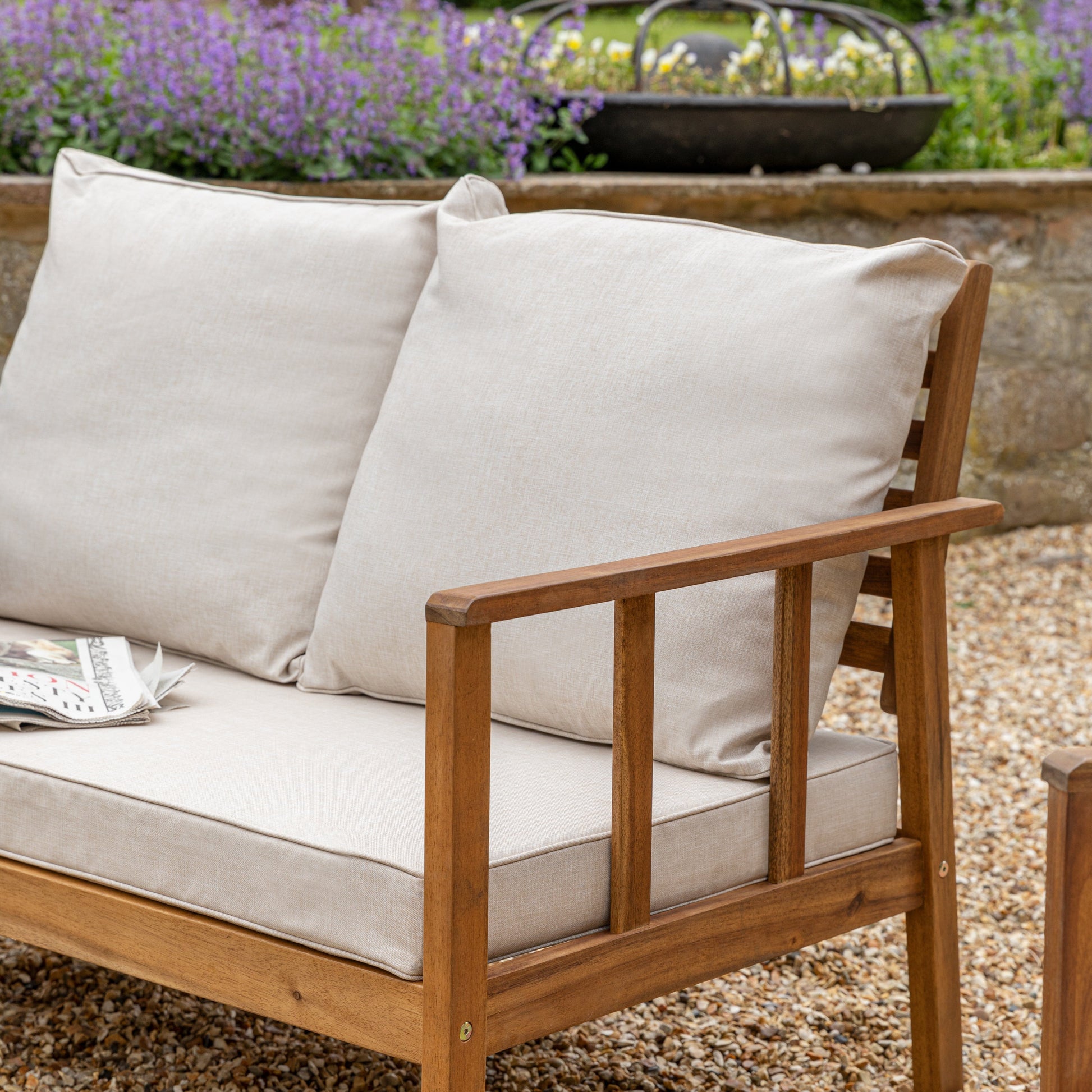 Harrelson Outdoor Wooden Double Sofa Set with 2 Armchairs & Cream LED Parasol - Laura James