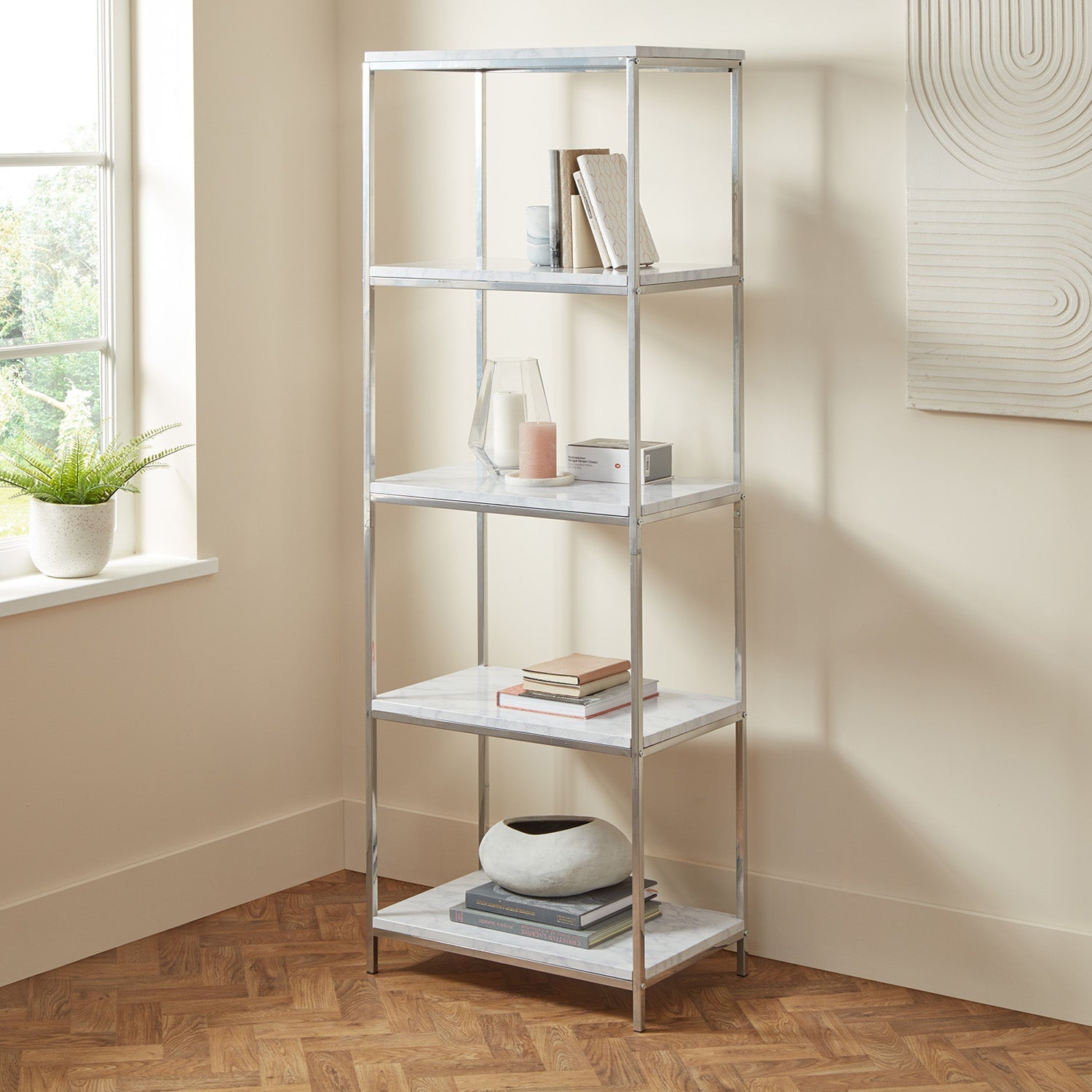 Jay bookcase - marble effect and chrome - Laura James