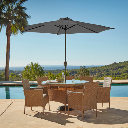 Kemble 6 Seater Rattan Round Outdoor Dining Table Set with Grey Parasol - Natural Brown - Laura James