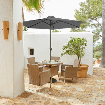 Kemble 4 Seater Rattan Round Dining Set With Grey Parasol - Natural - Rattan Garden Furniture