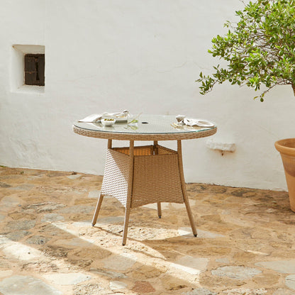 Kemble 4 Seater Rattan Round Outdoor Dining Set With Grey Parasol - Natural - Rattan Garden Furniture