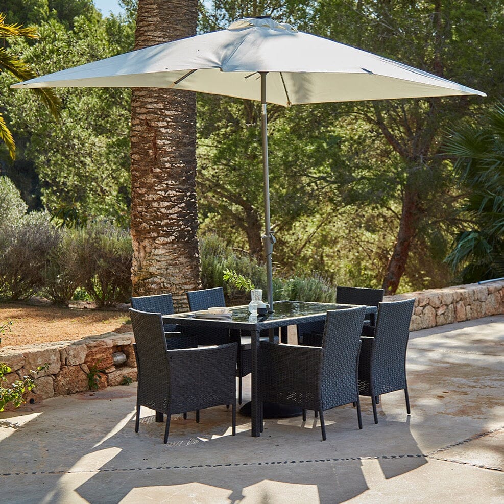 Marston 6 Seater Rattan Dining Set with Cream LED Premium Parasol - Rattan Garden Furniture - Black