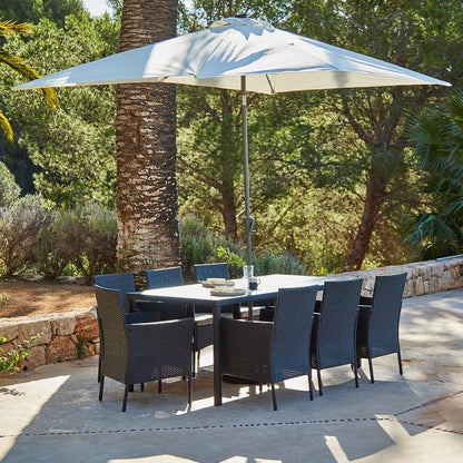 Marston 8 Seater Rattan Outdoor Dining Set with Cream LED Premium Parasol - Rattan Garden Furniture - Black - Polywood Top