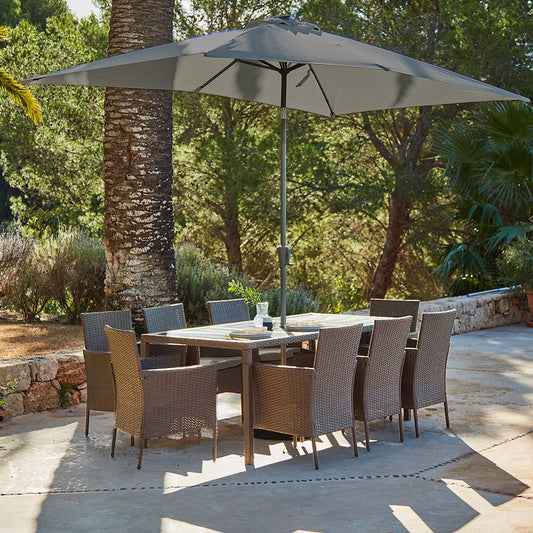 Marston 8 Seater Natural Rattan Dining Set with Grey Parasol - Laura James