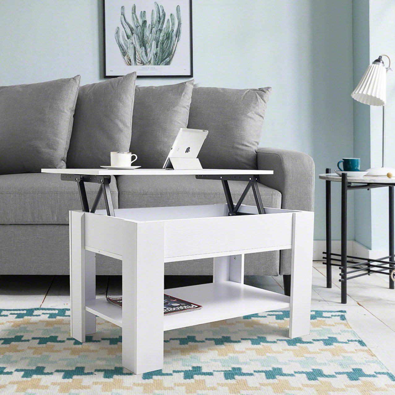 White Lift up Top Coffee Table with Storage / Shelf - Laura James