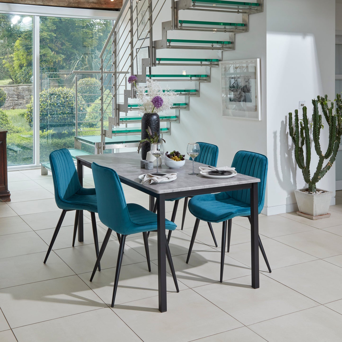 Milo Concrete Table effect Dining Table Set - 4 seater - Bella Teal Black