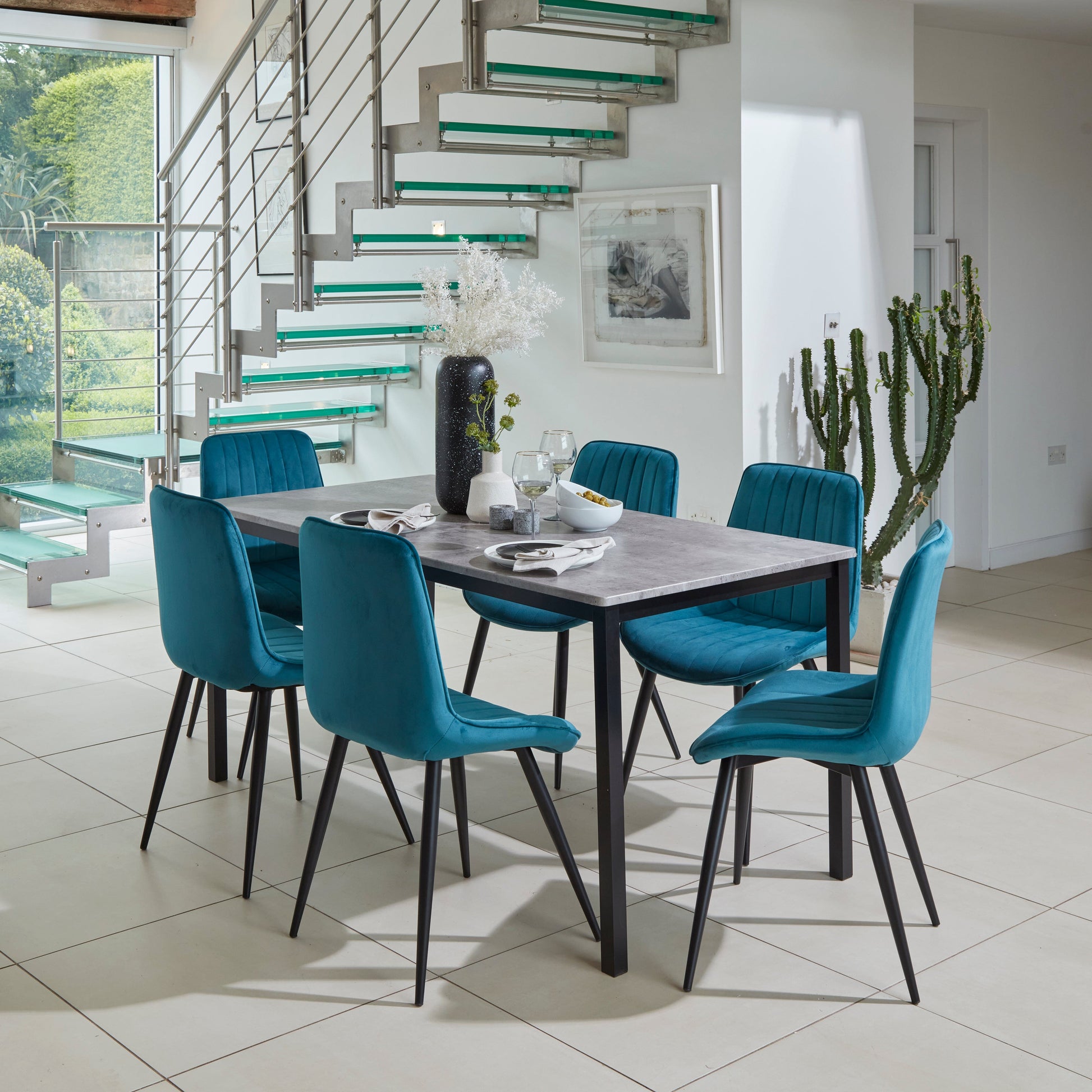 Milo Black Concrete Table effect Dining Table Set - 6 seater - Bella Teal and Black chairs set