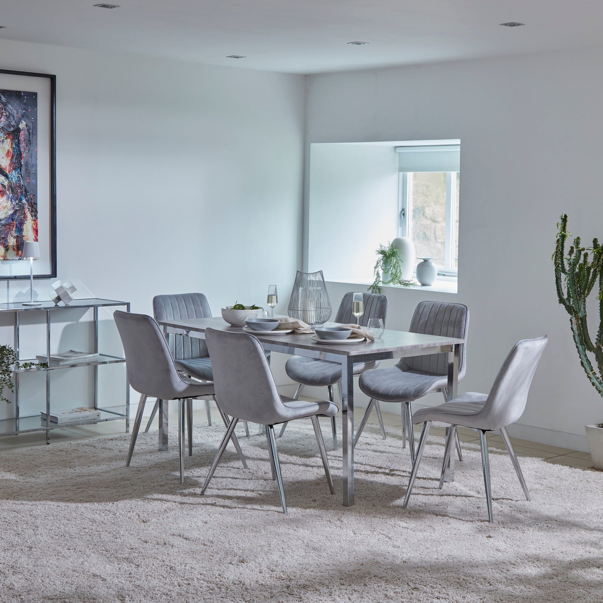 Milo Chrome Concrete Table effect Dining Table Set - 6 seater - Bella Grey and Chrome Chairs
