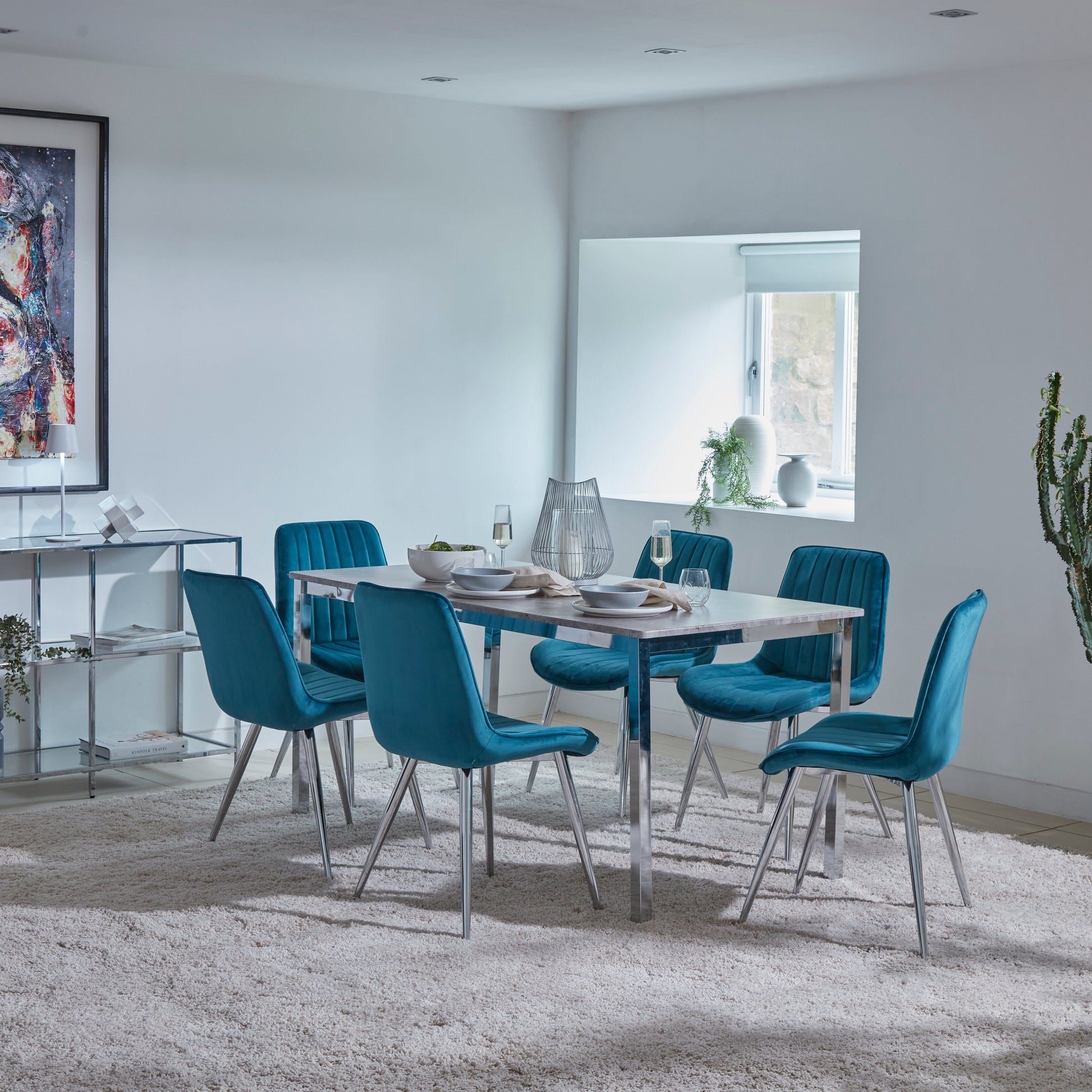 Milo Chrome Concrete Table effect Dining Table Set - 6 seater - Bella Teal and Chrome chairs set