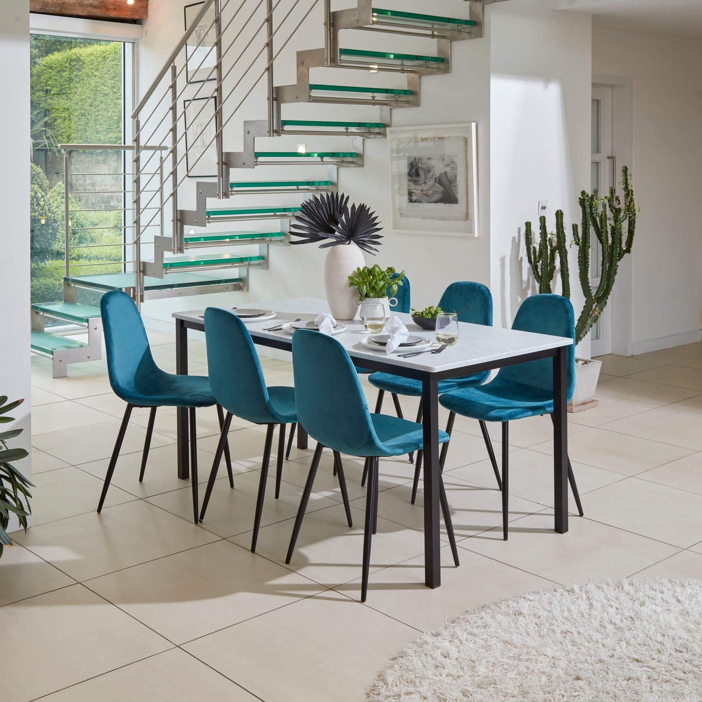 Milo Marble Dining Table Set - 6 Seater -  Ellis Teal and Black Chairs