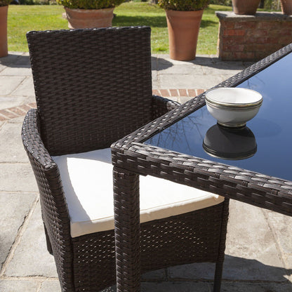 Marston 6 Seater Rattan Dining Set with Grey LED Premium Parasol - Brown - Rattan Garden Furniture