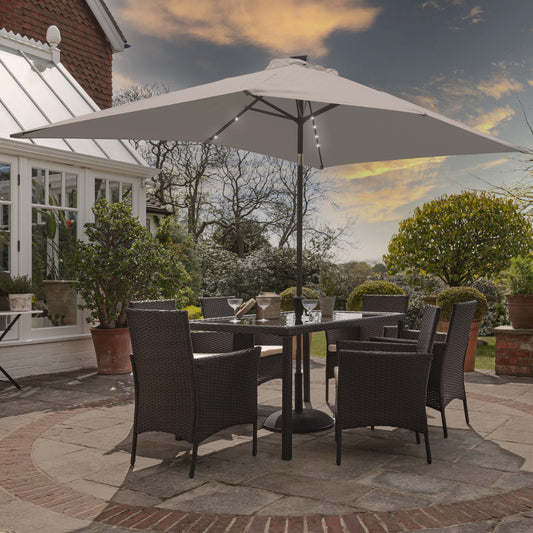 Marston 6 Seater Rattan Dining Set with Grey LED Premium Parasol - Brown - Rattan Garden Furniture
